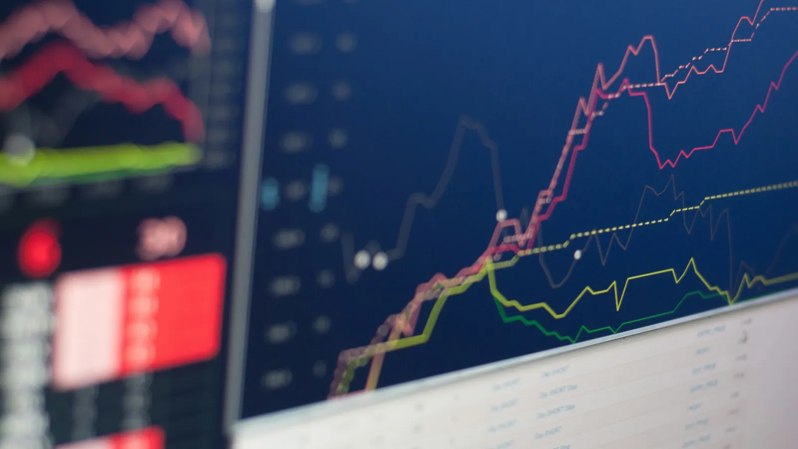 Trading monitor showing glowing multicoloured line charts on a deep navy screen